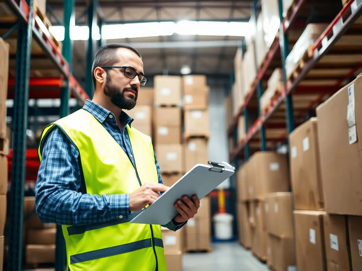 Warehouse worker inspecting cargo